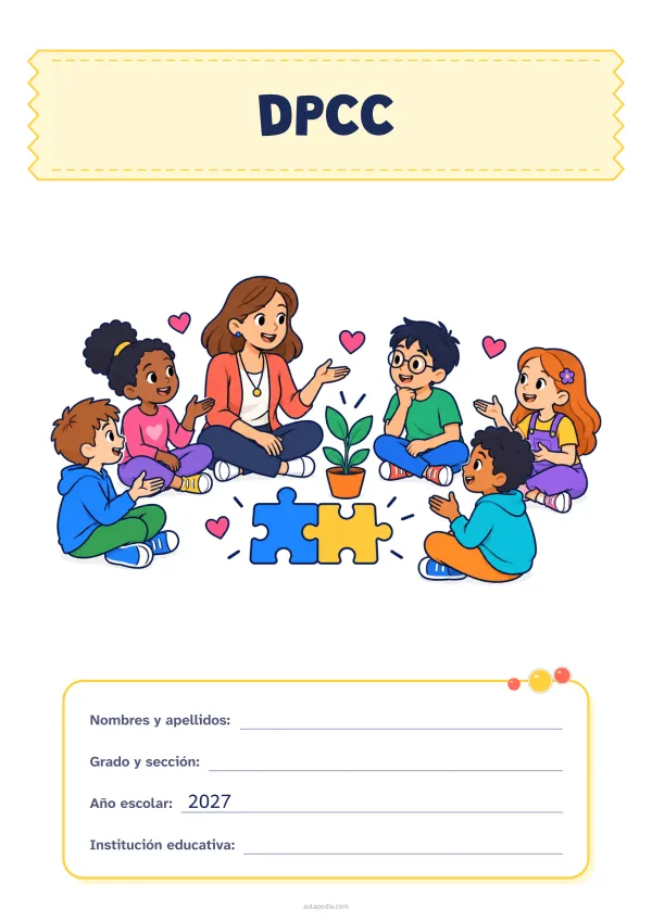 Portada de «DPCC» a color, con el título sobre una cinta de tela y los datos en una tarjeta. Dibujo: una maestra y cinco estudiantes que conversan sentados en círculo, con corazones, dos piezas de rompecabezas que encajan y una planta que crece.