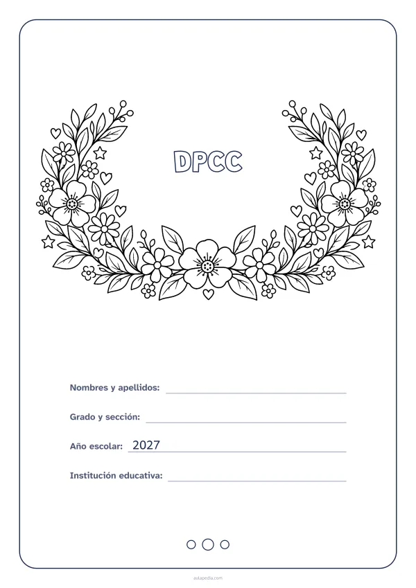 Portada de «DPCC» para colorear, con el título dentro de una corona de hojas y flores. Dibujo: una corona de hojas, flores, estrellas y corazones, abierta por arriba y con el centro vacío para el título.