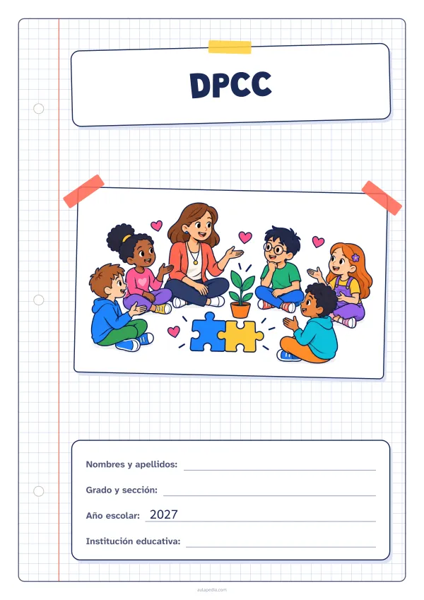 Portada de «DPCC» a color, con una hoja cuadriculada con margen, el título en un cartel y el dibujo pegado como una foto. Dibujo: una maestra y cinco estudiantes que conversan sentados en círculo, con corazones, dos piezas de rompecabezas que encajan y una planta que crece.