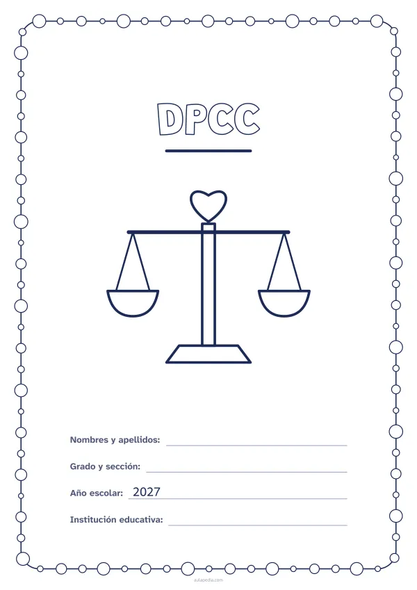 Portada de «DPCC» para colorear, con un marco redondeado de gomets de varios tamaños. Dibujo: una balanza con un corazón.