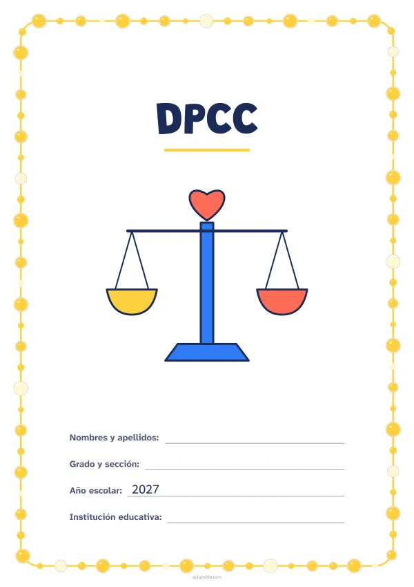 Portada de «DPCC» a color, con un marco redondeado de gomets de varios tamaños. Dibujo: una balanza con un corazón.