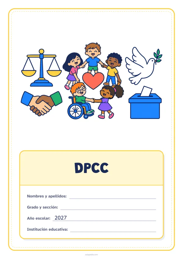 Portada de «DPCC» a color, con el dibujo arriba y, debajo, una gran etiqueta escolar con el título y los datos. Dibujo: una balanza, dos manos que se estrechan, cinco niñas y niños en corro alrededor de un corazón (uno de ellos, en silla de ruedas), una paloma y una urna con una papeleta.