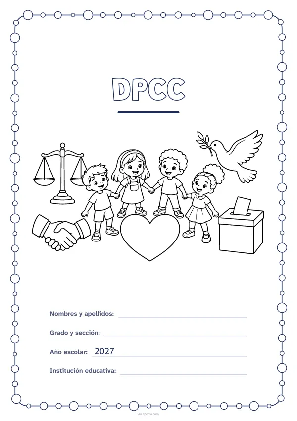 Portada de «DPCC» para colorear, con un marco redondeado de gomets de varios tamaños. Dibujo: una balanza, dos manos que se estrechan, cuatro niñas y niños tomados de la mano junto a un gran corazón, una paloma y una urna con una papeleta.
