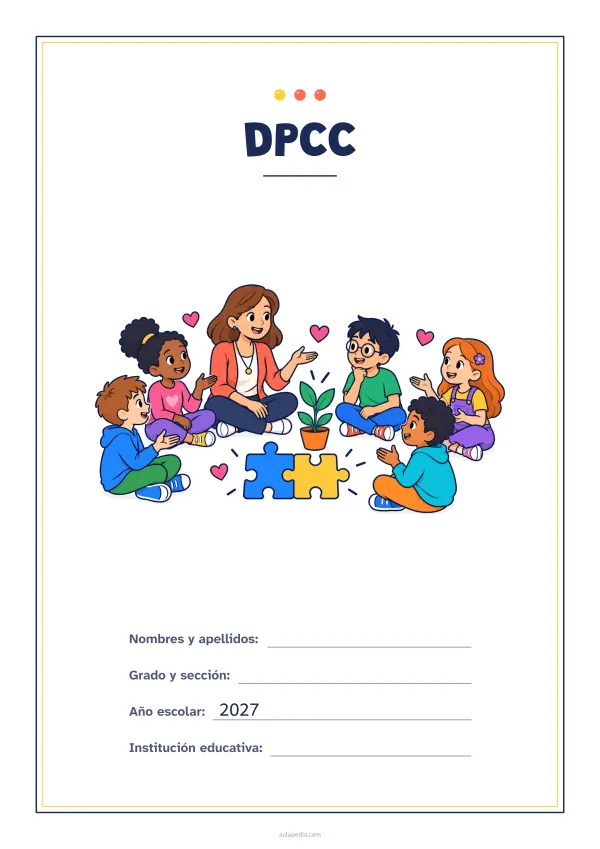 Portada de «DPCC» a color, con un marco fino de doble línea y mucho blanco. Dibujo: una maestra y cinco estudiantes que conversan sentados en círculo, con corazones, dos piezas de rompecabezas que encajan y una planta que crece.