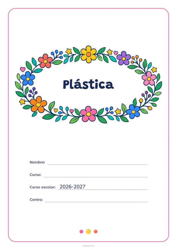Portada de «Plástica» a color, con el título dentro de una corona de hojas y flores. Dibujo: una corona ovalada de hojas, flores, estrellas y corazones, con el centro vacío para el título.