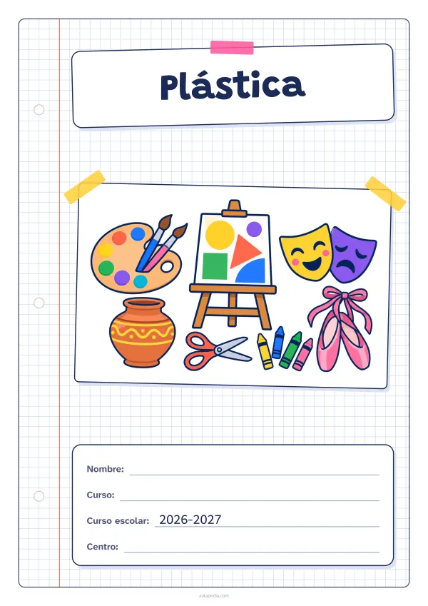 Portada de «Plástica» a color, con una hoja cuadriculada con margen, el título en un cartel y el dibujo pegado como una foto. Dibujo: una paleta con pinceles, un caballete con un cuadro de figuras, una vasija de barro, unas tijeras, lápices de cera, dos máscaras de teatro y unas zapatillas de ballet.