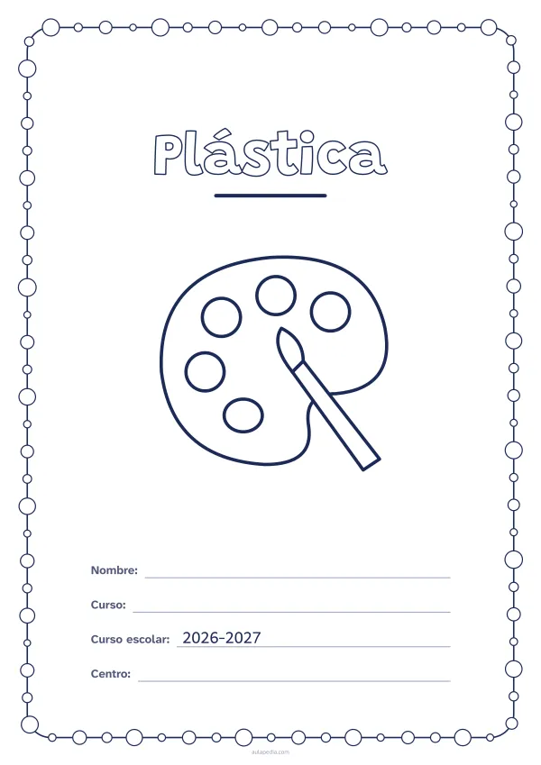 Portada de «Plástica» para colorear, con un marco redondeado de gomets de varios tamaños. Dibujo: una paleta de pintor y un pincel.