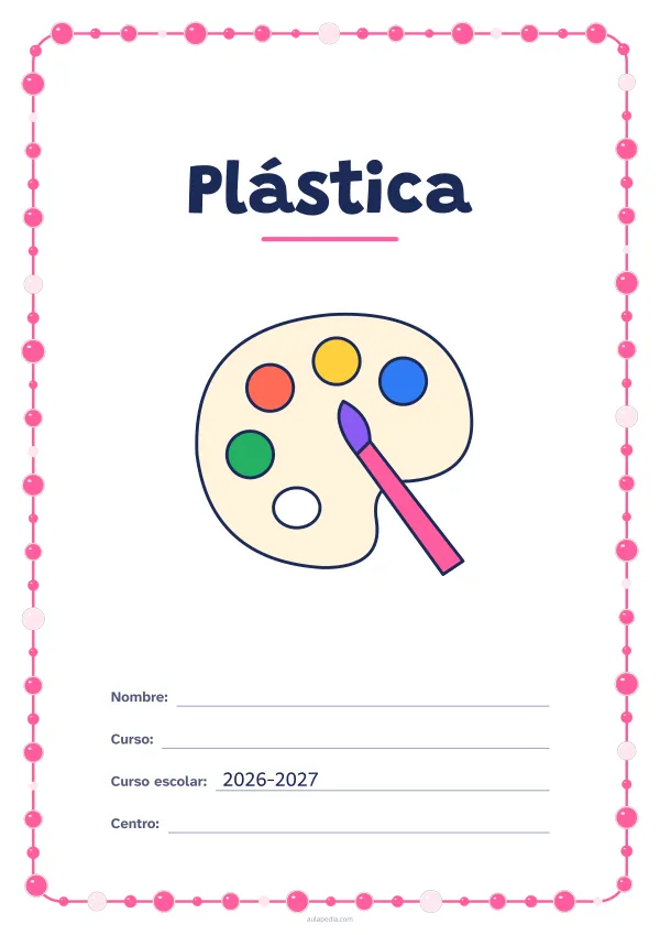 Portada de «Plástica» a color, con un marco redondeado de gomets de varios tamaños. Dibujo: una paleta de pintor y un pincel.