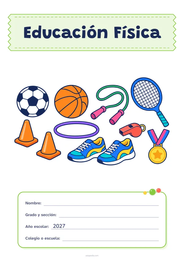 Portada de «Educación Física» a color, con el título sobre una cinta de tela y los datos en una tarjeta. Dibujo: un balón de fútbol, uno de baloncesto, una cuerda de saltar, unas zapatillas, un silbato, dos conos, un aro, una medalla y una raqueta.