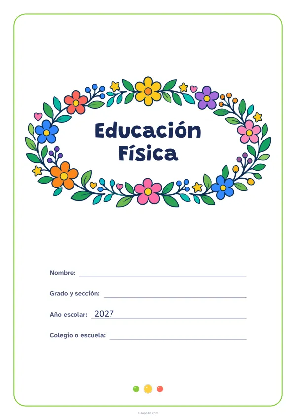 Portada de «Educación Física» a color, con el título dentro de una corona de hojas y flores. Dibujo: una corona ovalada de hojas, flores, estrellas y corazones, con el centro vacío para el título.