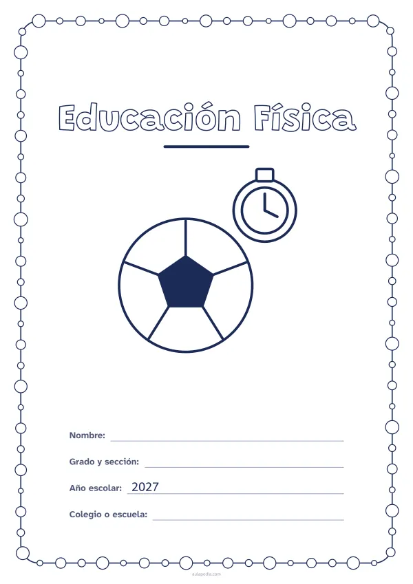 Portada de «Educación Física» para colorear, con un marco redondeado de gomets de varios tamaños. Dibujo: un balón y un cronómetro.