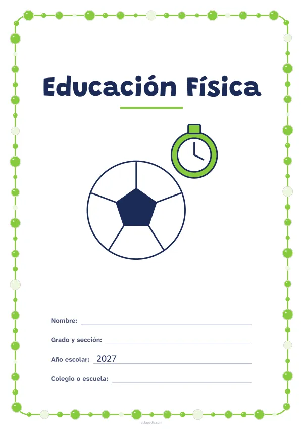 Portada de «Educación Física» a color, con un marco redondeado de gomets de varios tamaños. Dibujo: un balón y un cronómetro.