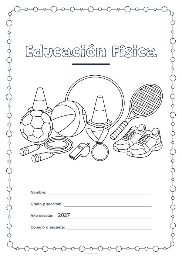 Portada de «Educación Física» para colorear, con un marco redondeado de gomets de varios tamaños. Dibujo: un balón de fútbol, uno de baloncesto, una cuerda de saltar, unas zapatillas, un silbato, dos conos, un aro, una medalla y una raqueta.