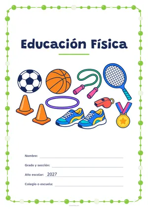 Portada de «Educación Física» a color, con un marco redondeado de gomets de varios tamaños. Dibujo: un balón de fútbol, uno de baloncesto, una cuerda de saltar, unas zapatillas, un silbato, dos conos, un aro, una medalla y una raqueta.