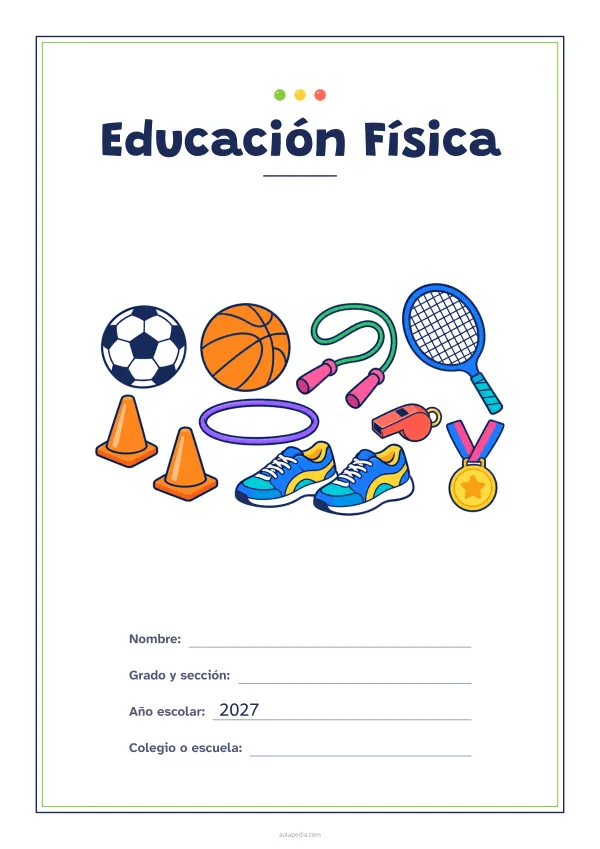 Portada de «Educación Física» a color, con un marco fino de doble línea y mucho blanco. Dibujo: un balón de fútbol, uno de baloncesto, una cuerda de saltar, unas zapatillas, un silbato, dos conos, un aro, una medalla y una raqueta.