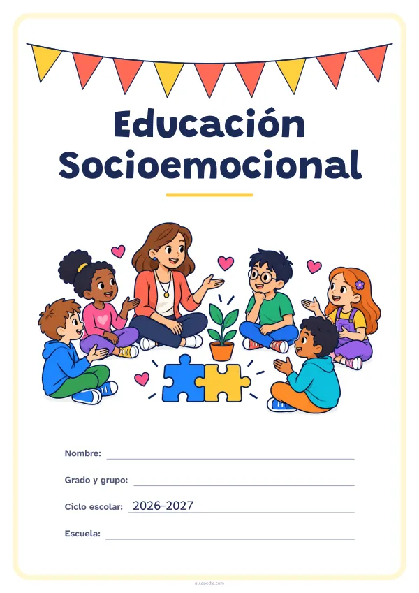 Portada de «Educación Socioemocional» a color, con una guirnalda de banderines sobre el título. Dibujo: una maestra y cinco estudiantes que conversan sentados en círculo, con corazones, dos piezas de rompecabezas que encajan y una planta que crece.