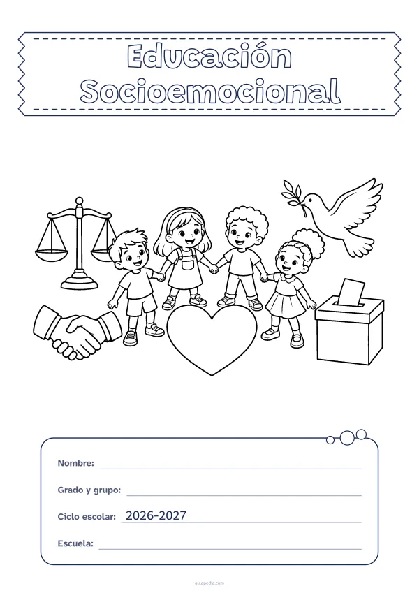 Portada de «Educación Socioemocional» para colorear, con el título sobre una cinta de tela y los datos en una tarjeta. Dibujo: una balanza, dos manos que se estrechan, cuatro niñas y niños tomados de la mano junto a un gran corazón, una paloma y una urna con una papeleta.
