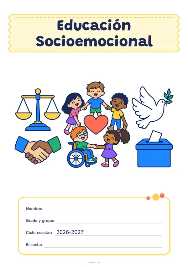 Portada de «Educación Socioemocional» a color, con el título sobre una cinta de tela y los datos en una tarjeta. Dibujo: una balanza, dos manos que se estrechan, cinco niñas y niños en corro alrededor de un corazón (uno de ellos, en silla de ruedas), una paloma y una urna con una papeleta.