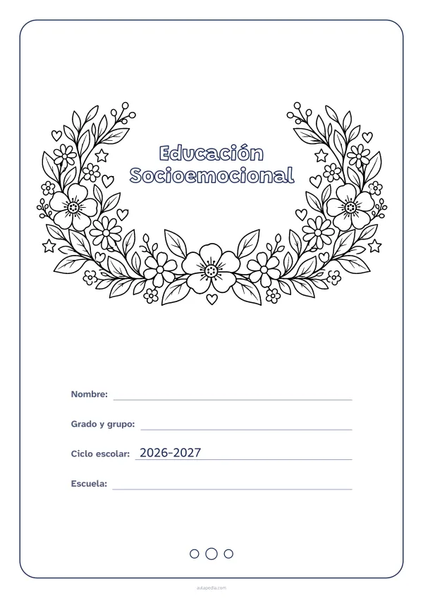 Portada de «Educación Socioemocional» para colorear, con el título dentro de una corona de hojas y flores. Dibujo: una corona de hojas, flores, estrellas y corazones, abierta por arriba y con el centro vacío para el título.