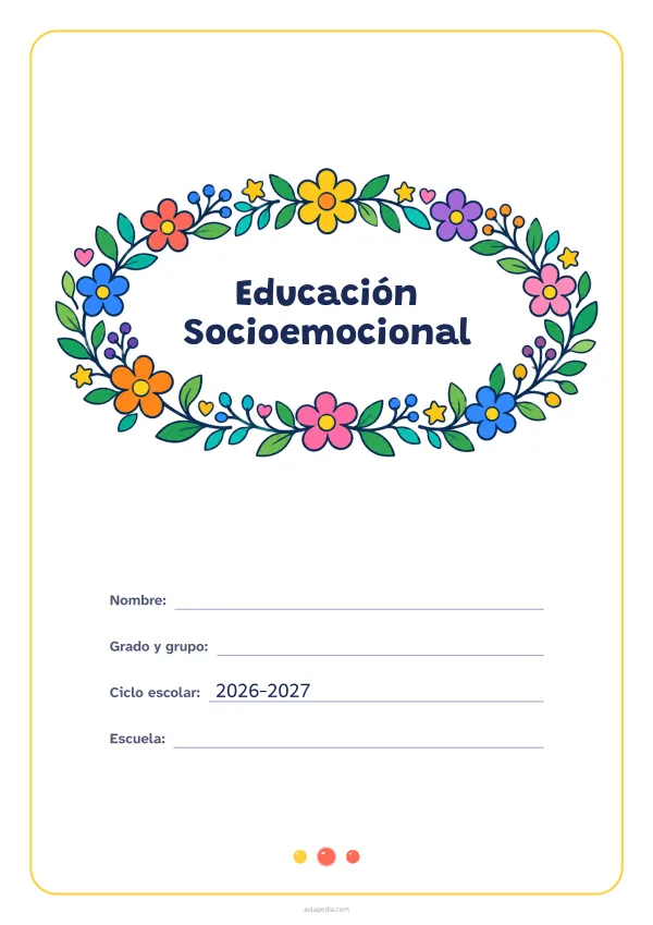 Portada de «Educación Socioemocional» a color, con el título dentro de una corona de hojas y flores. Dibujo: una corona ovalada de hojas, flores, estrellas y corazones, con el centro vacío para el título.