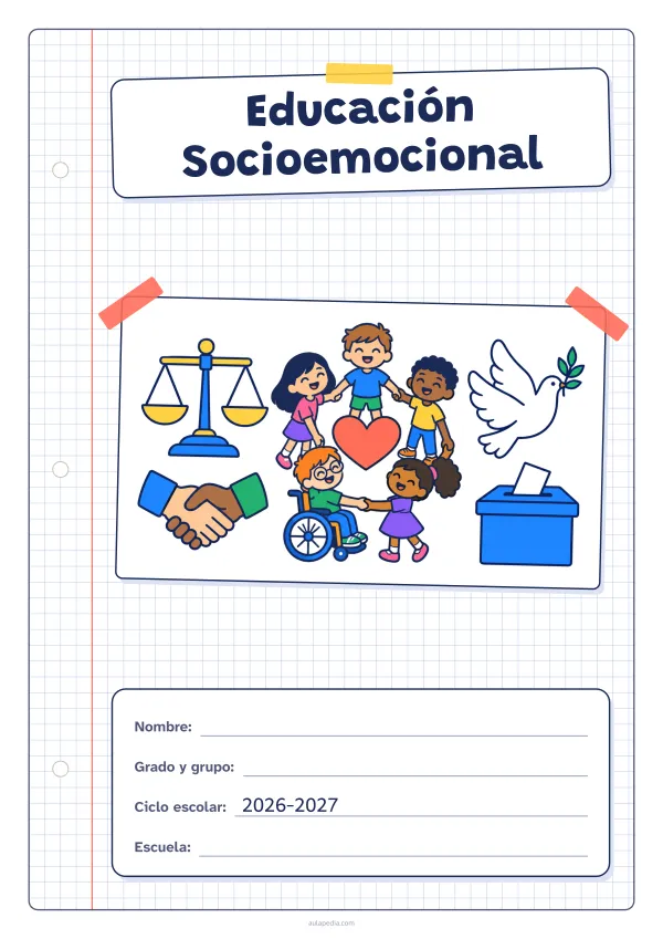 Portada de «Educación Socioemocional» a color, con una hoja cuadriculada con margen, el título en un cartel y el dibujo pegado como una foto. Dibujo: una balanza, dos manos que se estrechan, cinco niñas y niños en corro alrededor de un corazón (uno de ellos, en silla de ruedas), una paloma y una urna con una papeleta.