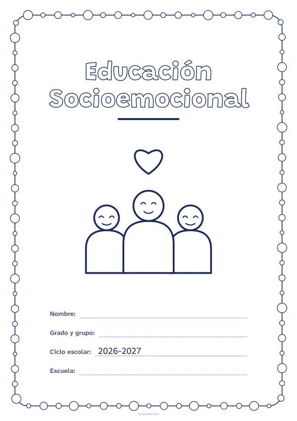 Portada de «Educación Socioemocional» para colorear, con un marco redondeado de gomets de varios tamaños. Dibujo: tres personas y un corazón.