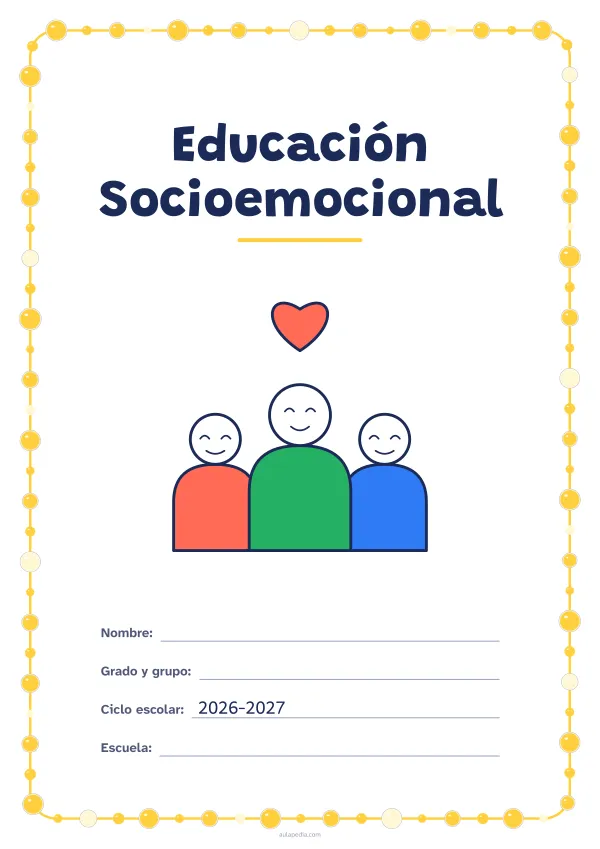 Portada de «Educación Socioemocional» a color, con un marco redondeado de gomets de varios tamaños. Dibujo: tres personas y un corazón.