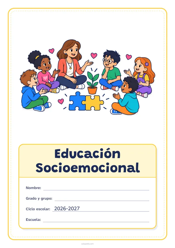 Portada de «Educación Socioemocional» a color, con el dibujo arriba y, debajo, una gran etiqueta escolar con el título y los datos. Dibujo: una maestra y cinco estudiantes que conversan sentados en círculo, con corazones, dos piezas de rompecabezas que encajan y una planta que crece.
