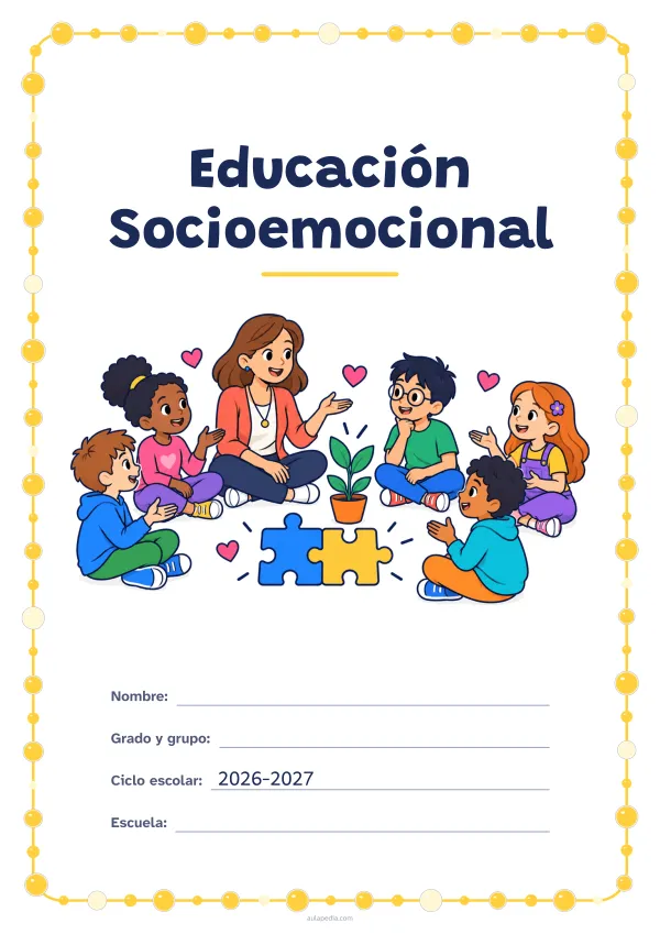 Portada de «Educación Socioemocional» a color, con un marco redondeado de gomets de varios tamaños. Dibujo: una maestra y cinco estudiantes que conversan sentados en círculo, con corazones, dos piezas de rompecabezas que encajan y una planta que crece.