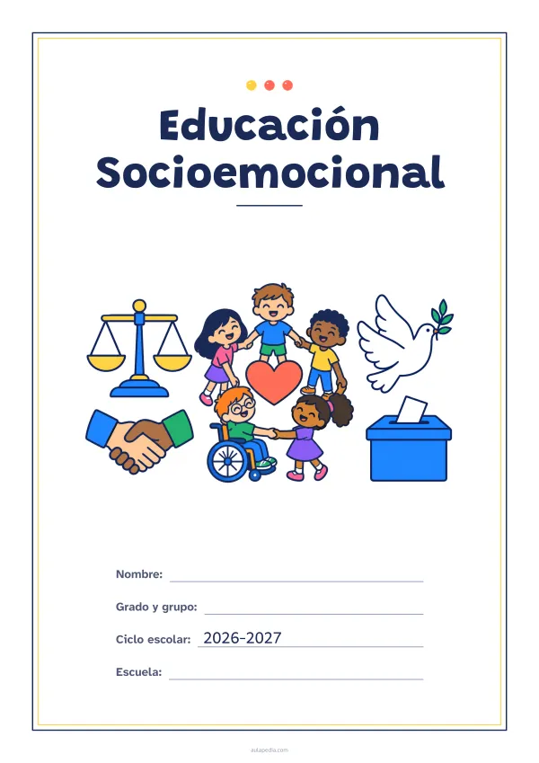 Portada de «Educación Socioemocional» a color, con un marco fino de doble línea y mucho blanco. Dibujo: una balanza, dos manos que se estrechan, cinco niñas y niños en corro alrededor de un corazón (uno de ellos, en silla de ruedas), una paloma y una urna con una papeleta.