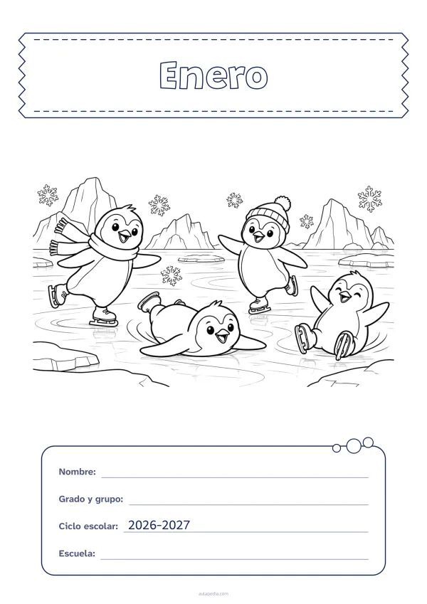 Portada de «Enero» para colorear, con el título sobre una cinta de tela y los datos en una tarjeta. Dibujo: cuatro pingüinos que patinan en un lago helado.