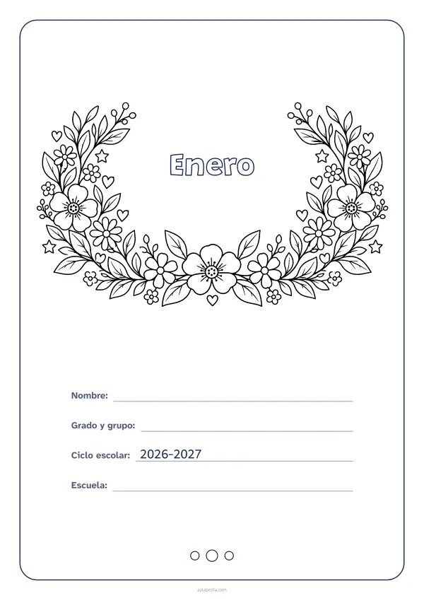 Portada de «Enero» para colorear, con el título dentro de una corona de hojas y flores. Dibujo: una corona de hojas, flores, estrellas y corazones, abierta por arriba y con el centro vacío para el título.