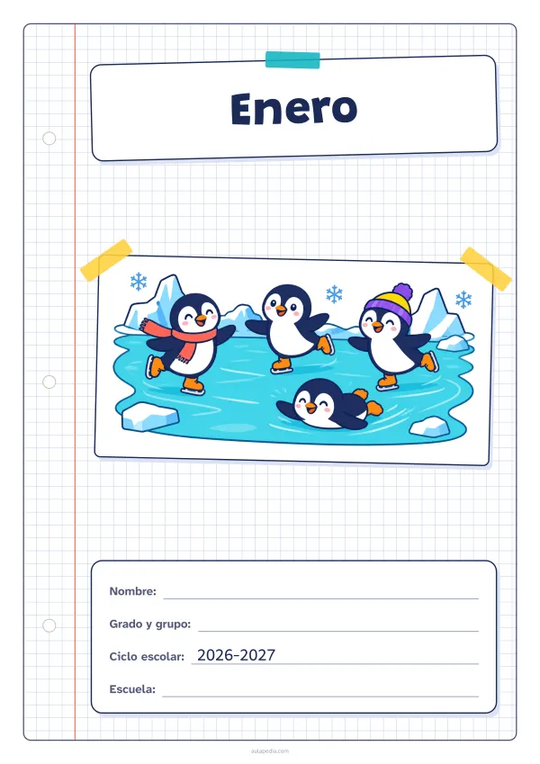 Portada de «Enero» a color, con una hoja cuadriculada con margen, el título en un cartel y el dibujo pegado como una foto. Dibujo: cuatro pingüinos que patinan en un lago helado.