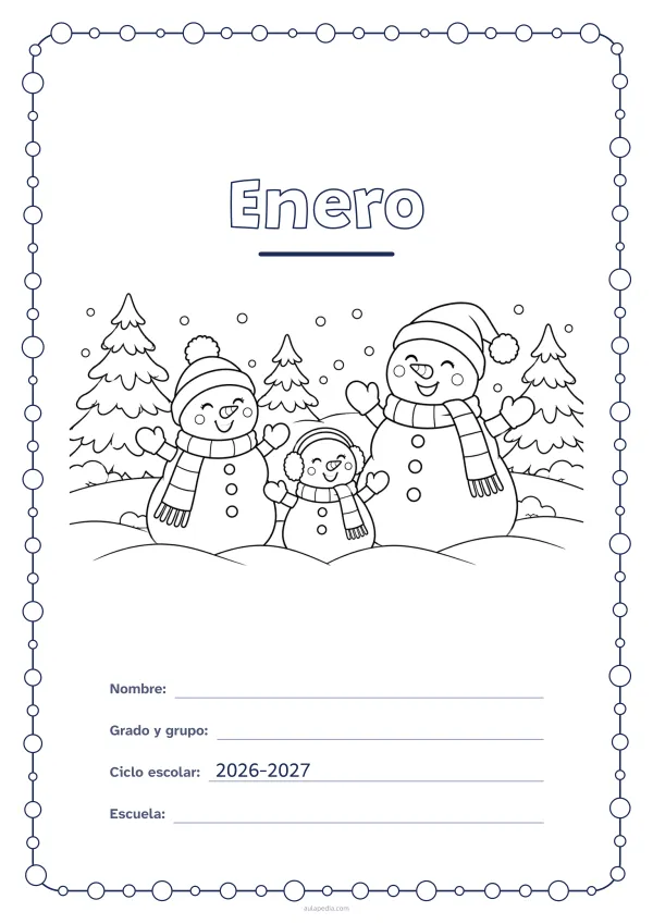 Portada de «Enero» para colorear, con un marco redondeado de gomets de varios tamaños. Dibujo: tres muñecos de nieve en un parque nevado.