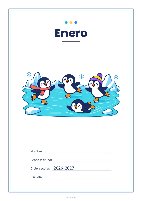 Portada de «Enero» a color, con un marco fino de doble línea y mucho blanco. Dibujo: cuatro pingüinos que patinan en un lago helado.