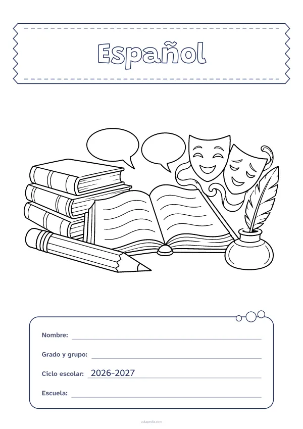Portada de «Español» para colorear, con el título sobre una cinta de tela y los datos en una tarjeta. Dibujo: una pila de libros, un libro abierto, un lápiz, una pluma en su tintero, dos globos de diálogo y dos máscaras de teatro.