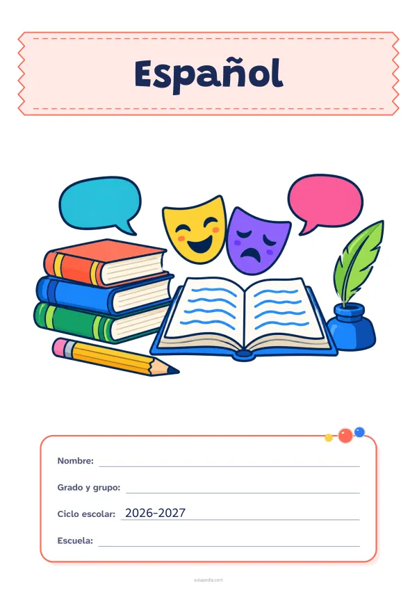 Portada de «Español» a color, con el título sobre una cinta de tela y los datos en una tarjeta. Dibujo: una pila de libros, un libro abierto, un lápiz, una pluma en su tintero, dos globos de diálogo y dos máscaras de teatro.