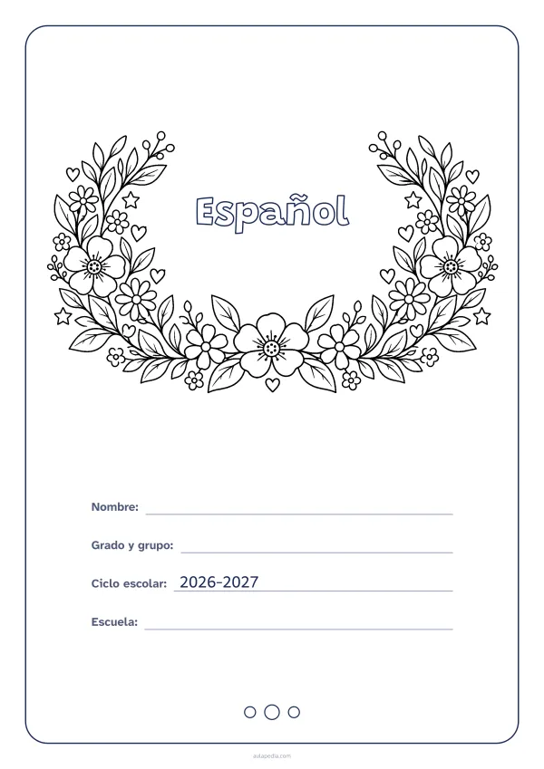 Portada de «Español» para colorear, con el título dentro de una corona de hojas y flores. Dibujo: una corona de hojas, flores, estrellas y corazones, abierta por arriba y con el centro vacío para el título.