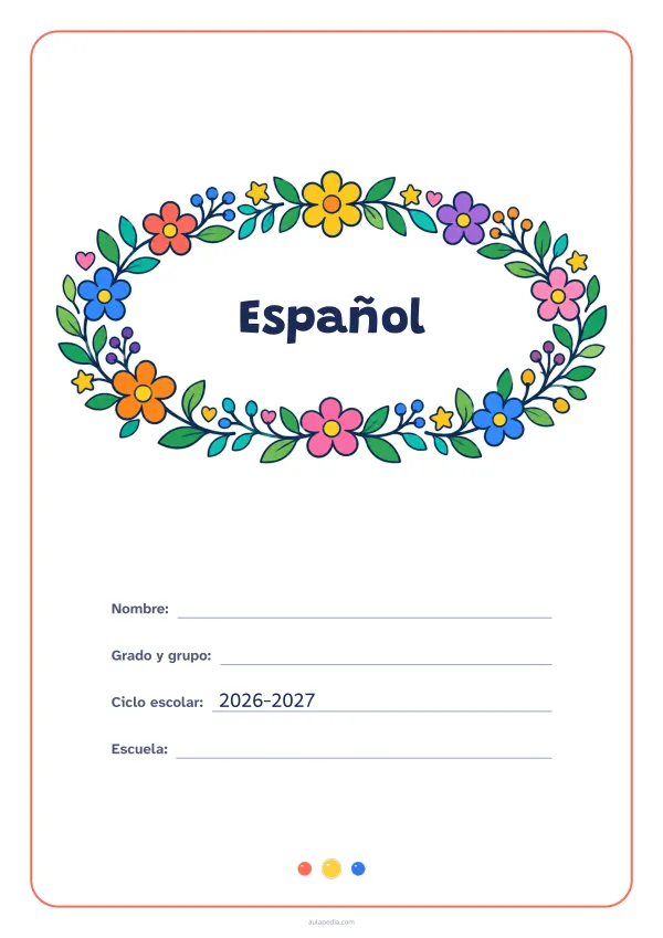 Portada de «Español» a color, con el título dentro de una corona de hojas y flores. Dibujo: una corona ovalada de hojas, flores, estrellas y corazones, con el centro vacío para el título.