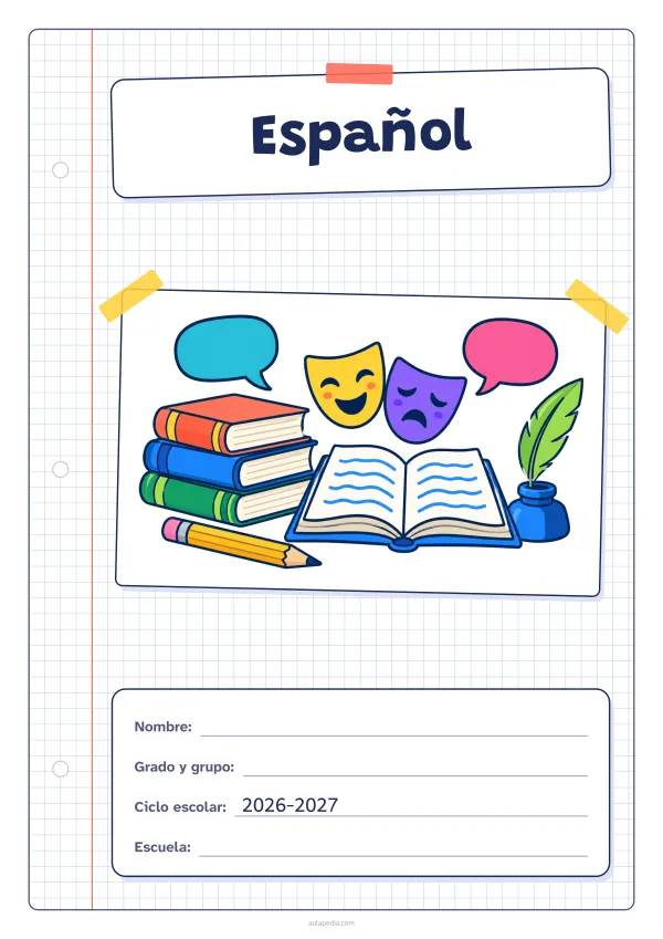 Portada de «Español» a color, con una hoja cuadriculada con margen, el título en un cartel y el dibujo pegado como una foto. Dibujo: una pila de libros, un libro abierto, un lápiz, una pluma en su tintero, dos globos de diálogo y dos máscaras de teatro.