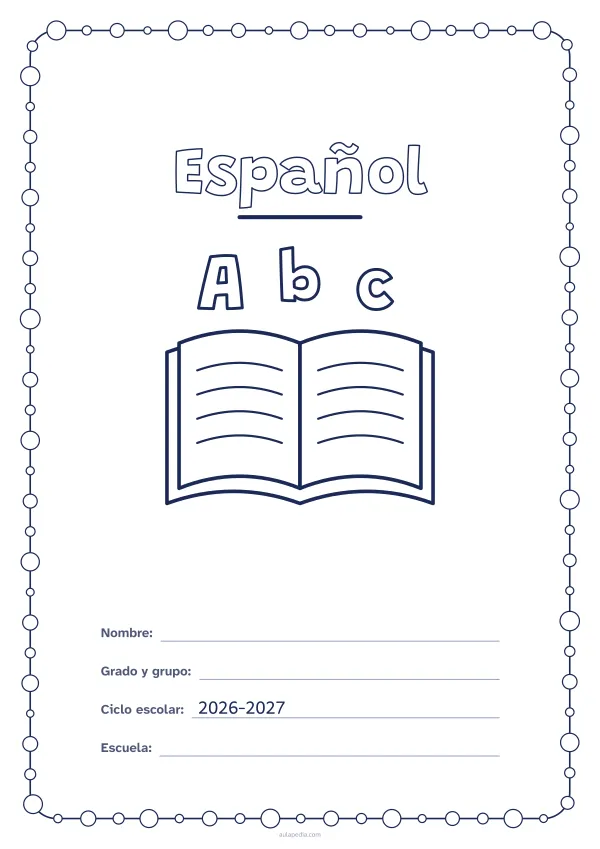 Portada de «Español» para colorear, con un marco redondeado de gomets de varios tamaños. Dibujo: un libro abierto con las letras A, b y c.