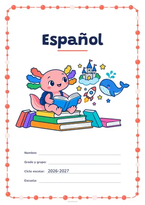 Portada de «Español» a color, con un marco redondeado de gomets de varios tamaños. Dibujo: Axi, la ajolota de Aulapedia, que lee sentada en una pila de libros mientras del libro salen un castillo, una ballena, un cohete y estrellas.
