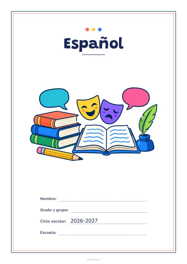 Portada de «Español» a color, con un marco fino de doble línea y mucho blanco. Dibujo: una pila de libros, un libro abierto, un lápiz, una pluma en su tintero, dos globos de diálogo y dos máscaras de teatro.
