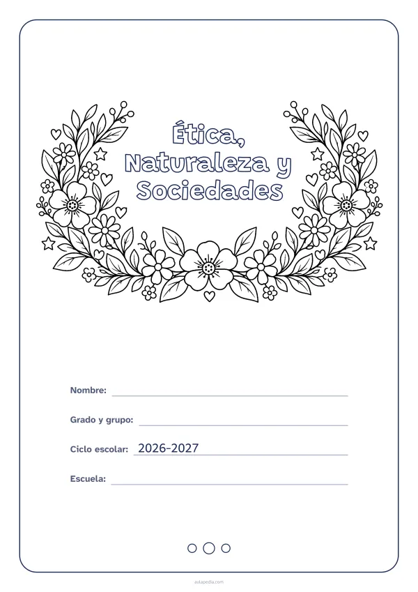 Portada de «Ética, Naturaleza y Sociedades» para colorear, con el título dentro de una corona de hojas y flores. Dibujo: una corona de hojas, flores, estrellas y corazones, abierta por arriba y con el centro vacío para el título.