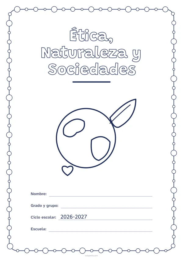 Portada de «Ética, Naturaleza y Sociedades» para colorear, con un marco redondeado de gomets de varios tamaños. Dibujo: el planeta Tierra, una hoja y un corazón.