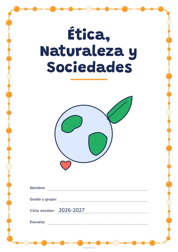 Portada de «Ética, Naturaleza y Sociedades» a color, con un marco redondeado de gomets de varios tamaños. Dibujo: el planeta Tierra, una hoja y un corazón.