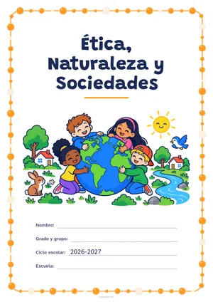 Portada de «Ética, Naturaleza y Sociedades» a color, con un marco redondeado de gomets de varios tamaños. Dibujo: cuatro niñas y niños que abrazan el planeta Tierra, entre árboles, casas, un río, un conejo, un pájaro y el sol.