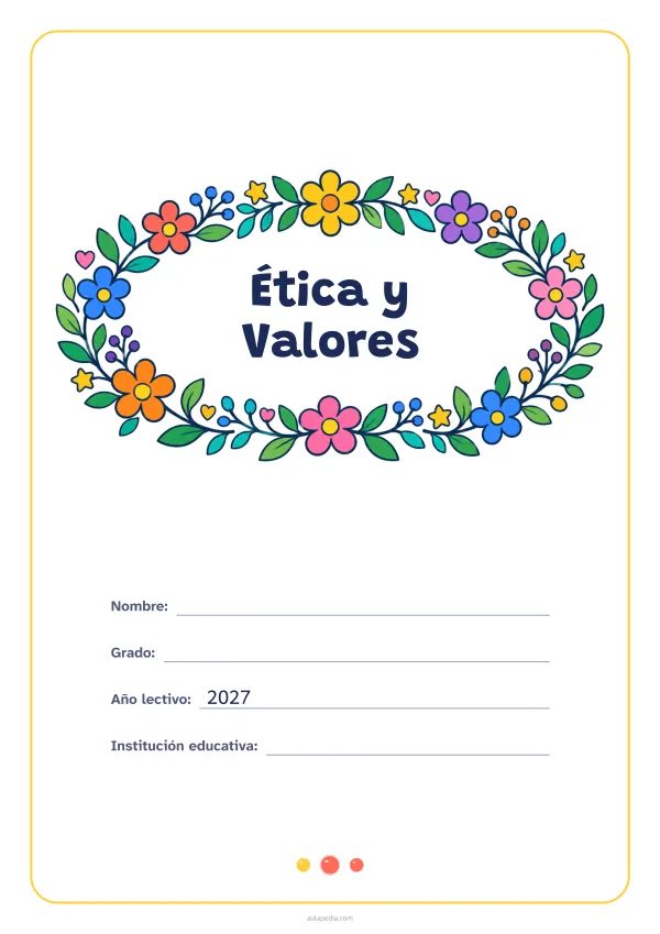 Portada de «Ética y Valores» a color, con el título dentro de una corona de hojas y flores. Dibujo: una corona ovalada de hojas, flores, estrellas y corazones, con el centro vacío para el título.