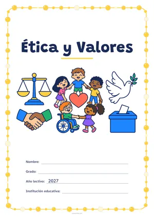 Portada de «Ética y Valores» a color, con un marco redondeado de gomets de varios tamaños. Dibujo: una balanza, dos manos que se estrechan, cinco niñas y niños en corro alrededor de un corazón (uno de ellos, en silla de ruedas), una paloma y una urna con una papeleta.