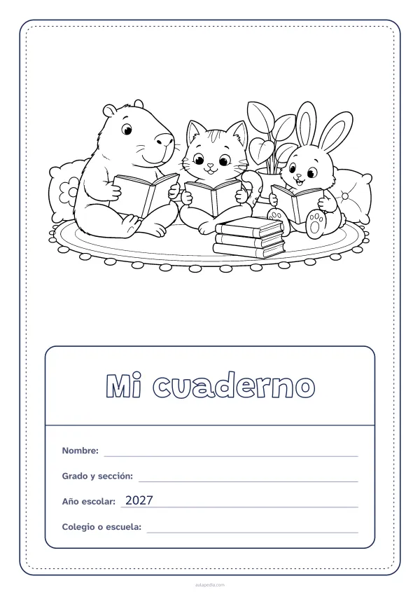 Portada de «Mi cuaderno» para colorear, con el dibujo arriba y, debajo, una gran etiqueta escolar con el título y los datos. Dibujo: un capibara, un gato y un conejo que leen juntos sobre una alfombra, con una pila de libros, cojines y una planta.